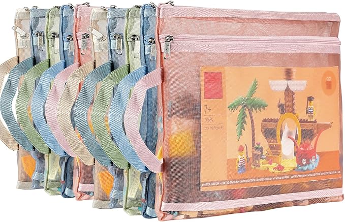 10 Pack A4 Colored Double-Layer Mesh Zipper Pouch Bags, Nylon Building Block Sets Toy Storage & Organization, Breathable See Through Pouch with Handle for School Office Games