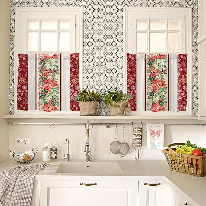 Watercolor Poinsettia Christmas Kitchen Curtains and Valances Set, Red Xmas Winter Holiday Windows Treatments Tiers Half/Short Curtains for Small Windows Cafe /Living Room/ Bedroom 54x24 in Gold White