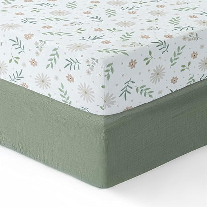 100% Cotton Muslin crib sheets for Boys and Toddler, Soft and Breathable, crib sheets girl Snug Fit, Machine Washable, Multiple Colors,Green/Flowers Muslin Size 28"x52"x9"