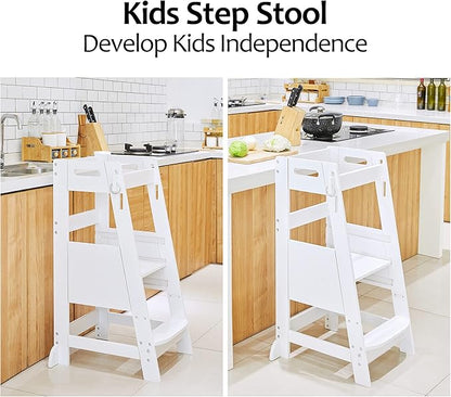 TOETOL Bamboo Toddler Kitchen Step Stool White Helper Standing Tower Height Adjustable with Anti-Slip Protection for Kids Kitchen Counter Learning