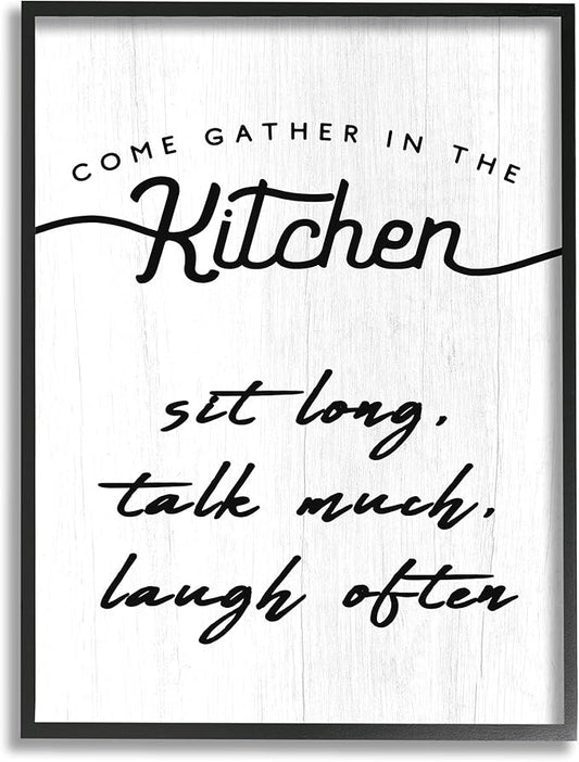 Stupell Industries Kitchen Gathering Sign Minimal Sit Talk Laugh Phrase, Designed by Daphne Polselli Black Framed Wall Art, 11 x 14, Off- White