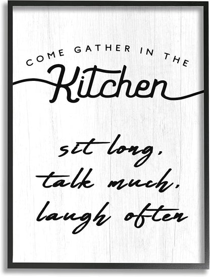 Stupell Industries Kitchen Gathering Sign Minimal Sit Talk Laugh Phrase, Designed by Daphne Polselli Black Framed Wall Art, 16 x 20, Off- White