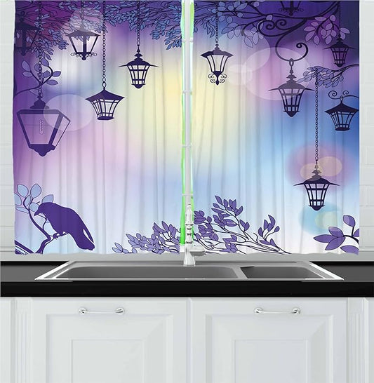 Ambesonne Lantern Kitchen Curtains, Street in a Sinister Violet Environment Raven on a Branch Night, Window Drapes 2 Panel Set for Kitchen Cafe Decor, 55" x 36", Violet Blue