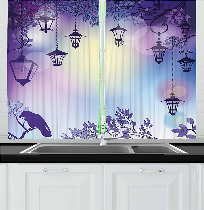 Ambesonne Lantern Kitchen Curtains, Street in a Sinister Violet Environment Raven on a Branch Night, Window Drapes 2 Panel Set for Kitchen Cafe Decor, 55" x 30", Violet Blue