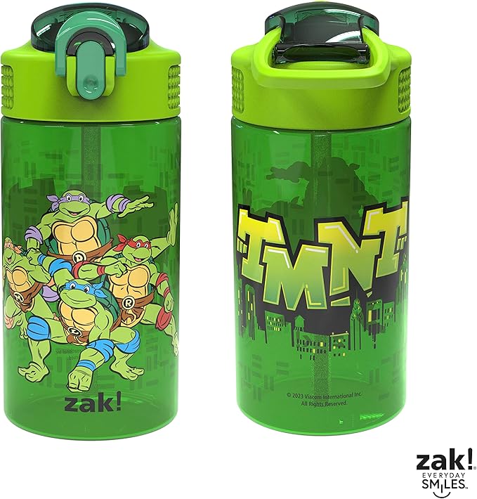 Zak Designs Teenage Mutant Ninja Turtles Kids Water Bottle For School or Travel, 16oz 2 Count (Pack of 1) Durable Plastic Water Bottle With Straw, Handle, and Leak-Proof, Pop-Up Spout Cover (TMNT)