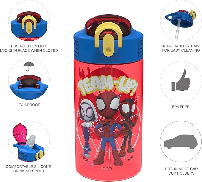 Zak Designs Marvel Spider-Man Kids Water Bottle with Spout Cover and Carrying Loop, Durable Plastic, Leak-Proof Design for Travel (16 oz, 2-Pack, Spidey and His Amazing Friends)