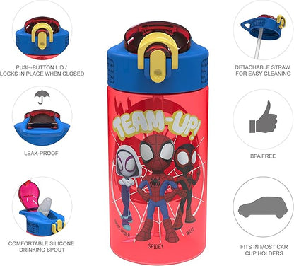 Zak Designs Marvel Spider-Man Kids Water Bottle with Spout Cover and Carrying Loop, Durable Plastic, Leak-Proof Design for Travel (16 oz, 2-Pack, Spidey and His Amazing Friends)