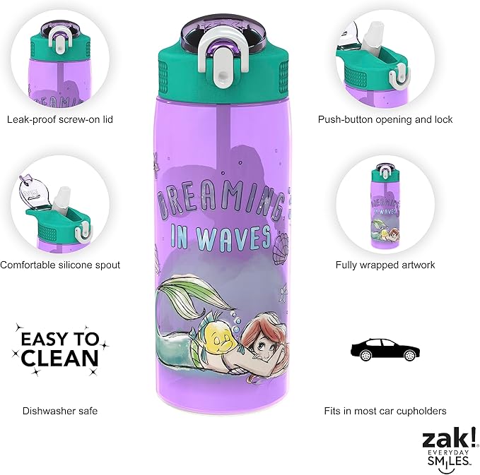 Zak Designs Disney Princess Kids Water Bottle For School or Travel, 25 oz Durable Plastic Water Bottle With Straw, Handle, and Leak-Proof, Pop-Up Spout Cover (Ariel, Moana)