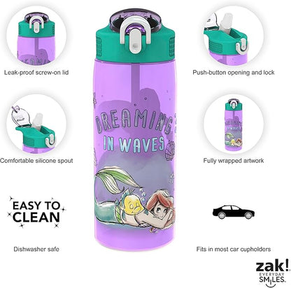 Zak Designs Disney Princess Kids Water Bottle For School or Travel, 25 oz Durable Plastic Water Bottle With Straw, Handle, and Leak-Proof, Pop-Up Spout Cover (Ariel, Moana)