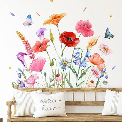 Zonon Flowers Wall Decals Vinyl Dragonflies Flowers Wall Stickers Removable Floral Wall Murals Peel and Stick Colorful Flower Wall Decor for Bedroom Living Room Nursery(Exquisite)