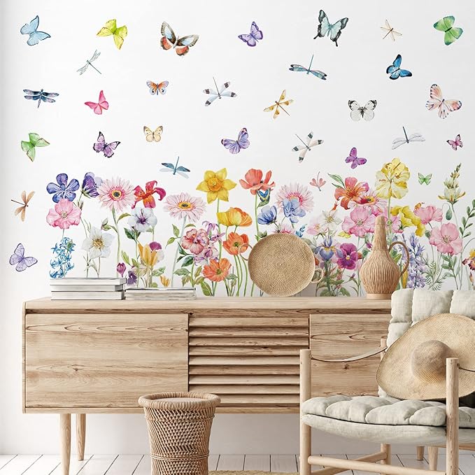 Zonon Flowers Wall Decals Vinyl Dragonflies Flowers Wall Stickers Removable Floral Wall Murals Peel and Stick Colorful Flower Wall Decor for Bedroom Living Room Nursery(Modern)