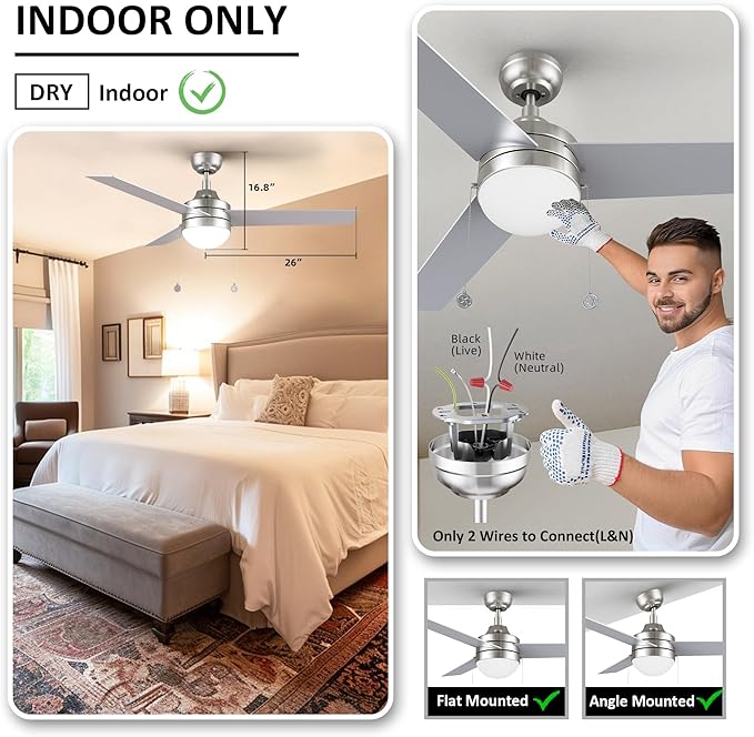 52 Inch Silver Pull Chain Ceiling Fan with Light, 3-color LED Light Adjustable, 5 Speeds Quiet Reversible DC Motor, 3 Plywood Blades Modern Ceiling Fan for Living Room, Bedroom, Kitchen