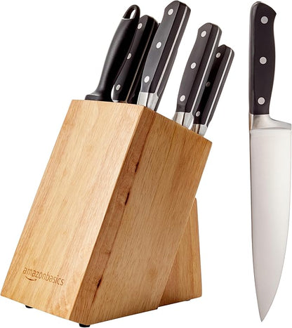 Amazon Basics 9-Piece Premium Kitchen High-Carbon Stainless-Steel Blades with Pine Wood Knife Block Set, Black