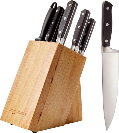 Amazon Basics 9-Piece Premium Kitchen High-Carbon Stainless-Steel Blades with Pine Wood Knife Block Set, Black