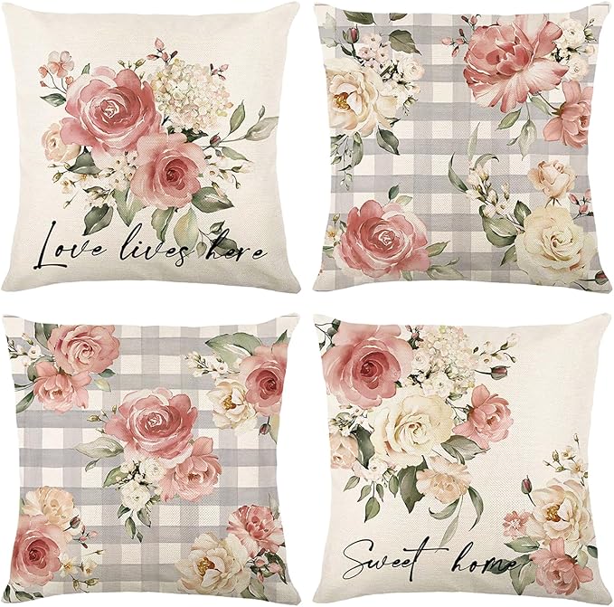 Spring Pillow Covers 18x18 - Spring Decorations for Home, Spring Farmhouse Throw Pillow Cover Garden Linen Cushion Case for Home Decor