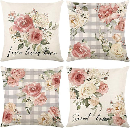 Spring Pillow Covers 18x18 - Spring Decorations for Home, Spring Farmhouse Throw Pillow Cover Garden Linen Cushion Case for Home Decor