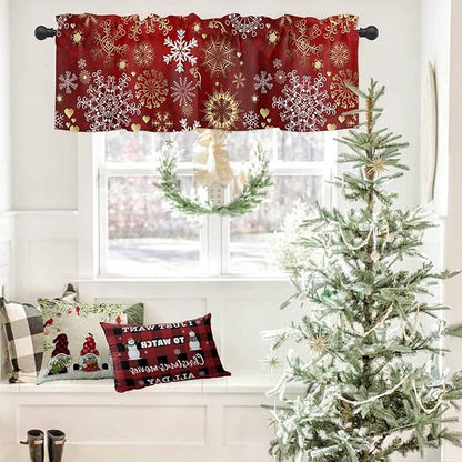 Vandarllin Christmas Valance Kitchen Curtains for Windows, Snowflake Pattern Rod Pocket Valances Window Treatments Gold White Short Curtains for Bedroom/Living Room, 54" X 18" -1 Panel