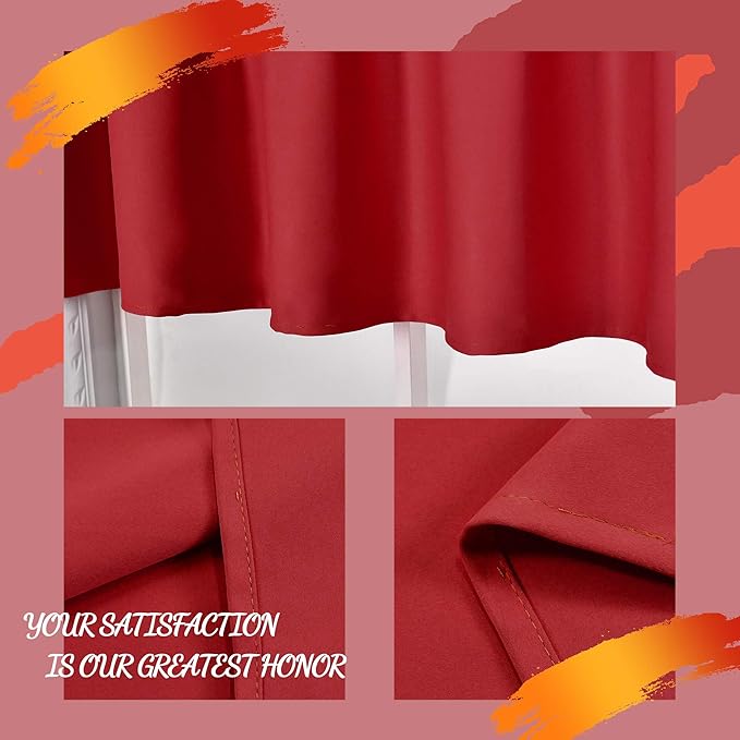 4 Panels Red Valance for Windows 42x18 Inch Solid Thermal Insulated Blackout Rod Pocket Kitchen Short Curtain Toppers Valance for Bathroom Living Room