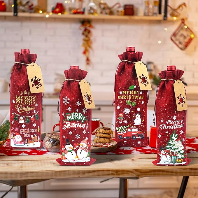 16 Pcs Christmas Burlap Wine Bags Christmas Wine Gift Bags - Wine Bottle Bags with Drawstring & Tag Rope, Reusable Xmas Wine Bottle Covers for Xmas, Wedding, Birthday, Holiday Party, Table Dinner