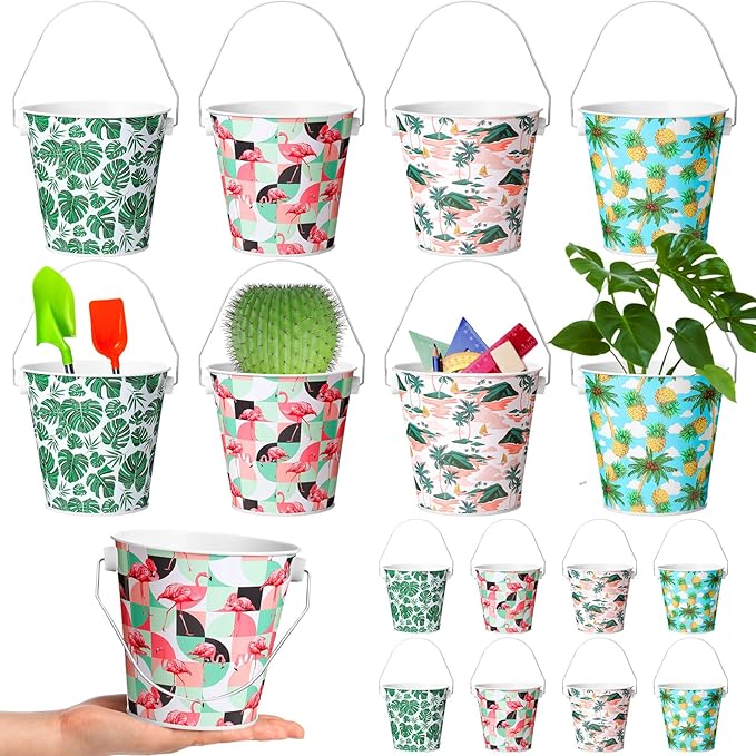 16 Pcs Small Metal Beach Bucket Sand Bucket 4.4 x 5.4 x 6.4 Inches Hawaiian Mini Drink Bucket with Handles for Summer Beach Theme Birthday Party Favors(Classic)