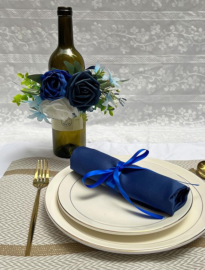 1Pcs Wine Bottle Flower Set, Dining Tables, Plates Decorations，Navy Blue Artificial Flowers Wine Cup for Wedding Ceremony Anniversary, Wedding Home Decor (Blue)