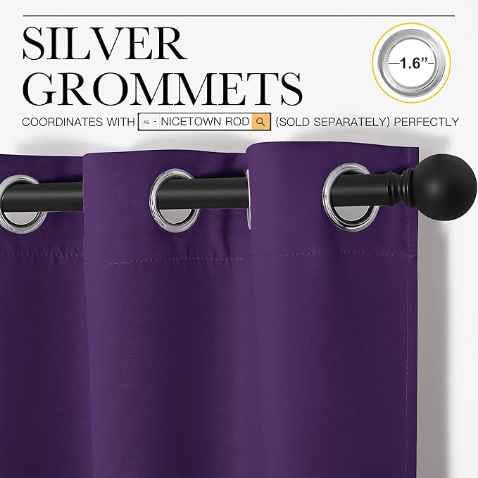 NICETOWN Purple Kitchen Blackout Curtains, Home Decoration Thermal Insulated Solid Ring Top Blackout Curtains/Drapes for Bedroom(Set of 2, 42 x 50 Inch, Royal Purple)