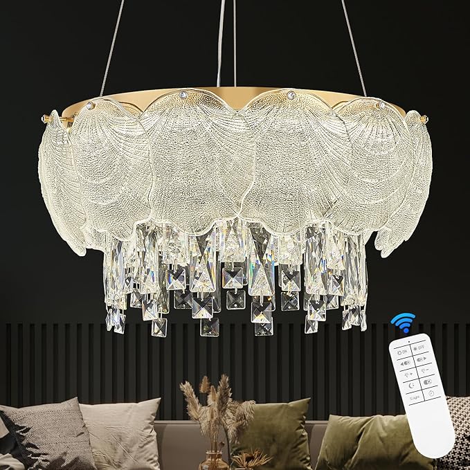 LED Crystal Chandelier Dimmable Dining Room Chandelier Over Table 18in Crystal Ring Light Fixture Modern Gold Round Chandelier Lighting for Bedroom Bathroom Entryway,30W with Remote Control