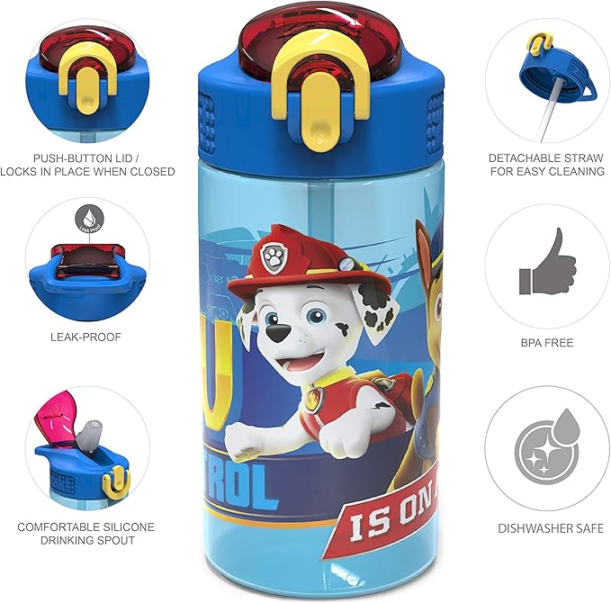 Zak Designs PAW Patrol Kids Water Bottle with Spout Cover and Built-in Carrying Loop, Durable Plastic, Leak-Proof Water Bottle Design for Travel (16 oz, 2-Pack, Non-BPA, Marshall)