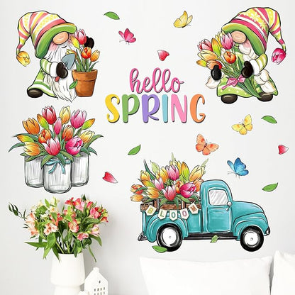 Mfault Hello Spring Gnome Wall Decals Stickers, Tulip Flower Teal Truck Mason Jar Decorations Bedroom Art, Bloom Floral Butterfly Pot Seasonal Home Kitchen Decor Party Supplies