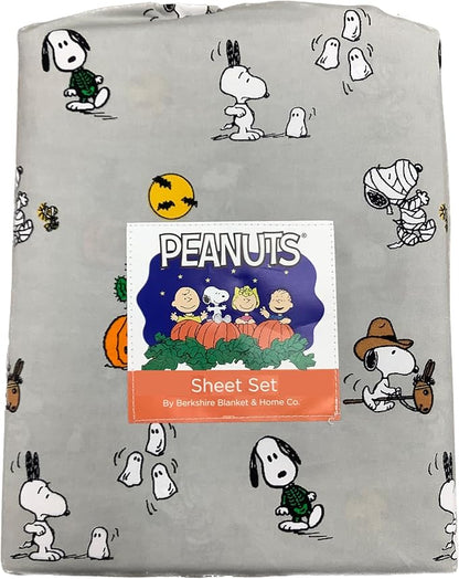 Berkshire Blanket & Home Co. Peanuts Halloween Fall Themed Sheet Sets (Gray - Halloween Costumes Zombie, Mummy & Cowboy, King)