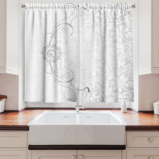 Ambesonne Grey Kitchen Curtains, Lace Inspired Flourish Motifs Background with Bridal Flower Border Wedding Pattern, Window Drapes 2 Panel Set for Kitchen Cafe Decor, 55" x 39", Silver White