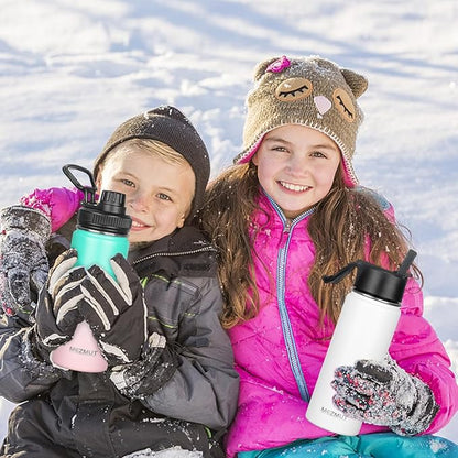 18oz Insulated Water Bottle with Straw&3 Lids Stainless Steel Water Bottles Kids Sports Metal Thermos Water Bottle Cup for School Vacuum Insulated Bottles Leak-Proof Travel Thermal (White)