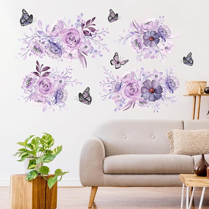 Zonon Flowers Wall Decals Vinyl Dragonflies Flowers Wall Stickers Removable Floral Wall Murals Peel and Stick Colorful Flower Wall Decor for Bedroom Living Room Nursery(Flower and Butterfly)