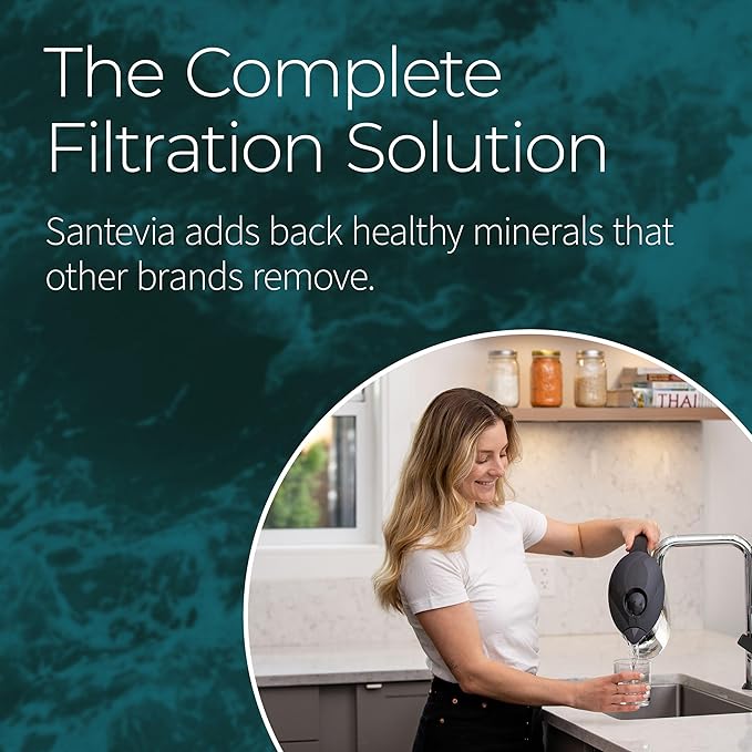 Santevia MINA Alkaline Water Filter Pitcher | 9-Cup at Home Water Filter That Adds Minerals and Makes Water Alkaline | Chlorine and Lead Water Filter | Made in North America