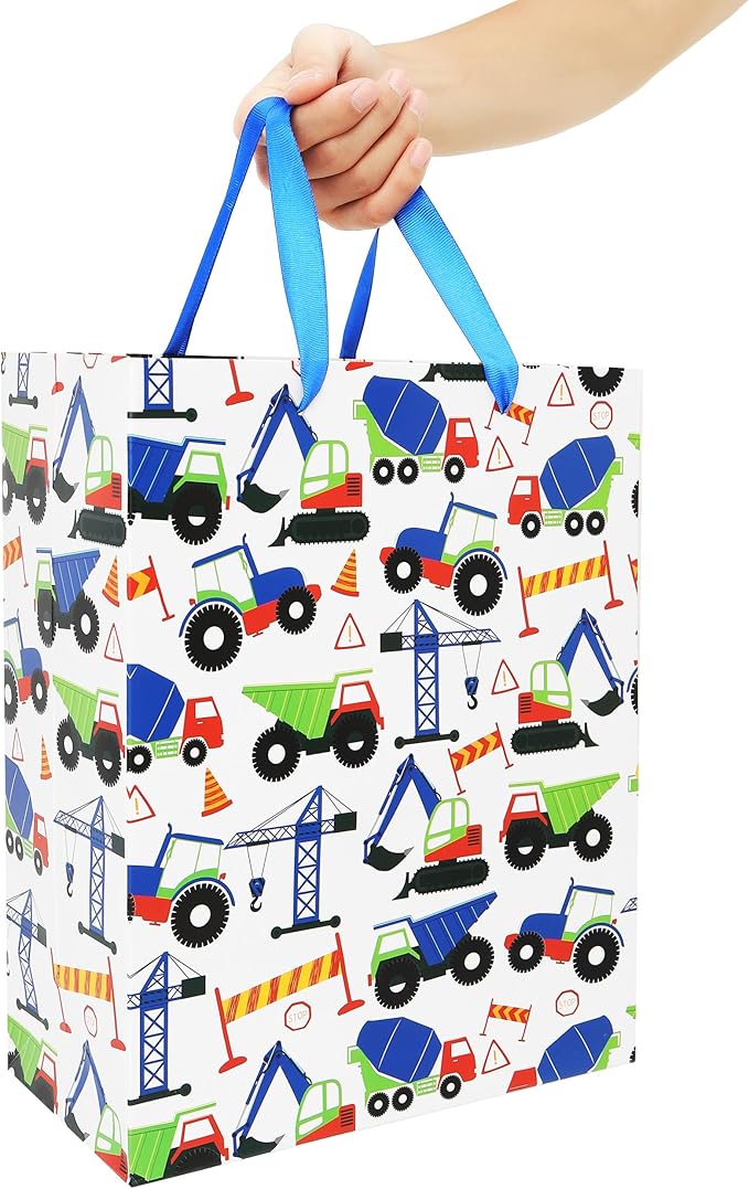 13" Large Vehicle-themed Gift Bags Set with Greeting Card and Tissue Paper (Blue Car Design) for boys, Kids Birthday Party,Baby boy,Baby Shower,Newborn,New Moms or Parents -10.2”x5.2”x13”, 1 Pcs