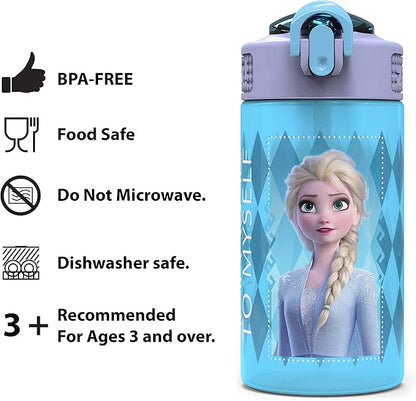 Zak Designs Disney Frozen 2 Kids Water Bottle Set with Reusable Straws and Built in Carrying Loops, Made of Plastic, Leak-Proof Designs 16 oz, BPA-Free, 2pc Set, Elsa & Anna (Frozen 2)