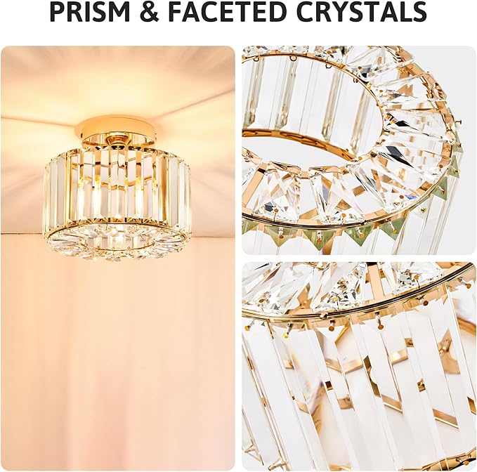 VONLUCE Crystal Ceiling Light Fixture, Semi Flush Mount Ceiling Light Modern Crystal Hallway Light, Gold Flush Mount Chandelier for Entryway Kitchen Bedroom Living Room Entryway