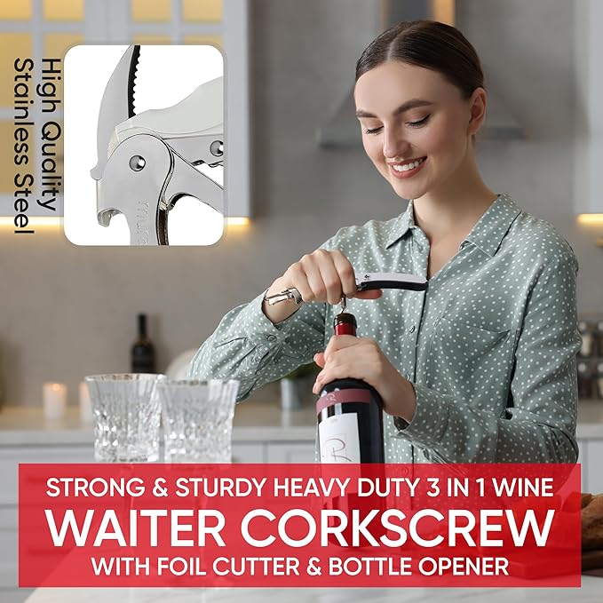 Waiters Foldable Corkscrew Wine Opener – Italian Made Cork Screws for Wine Bottles for Home Bar, Kitchen – Easy to Use Wine Cork Opener Works on Beer Bottles – Stylish and Elegant Design. ICEL.