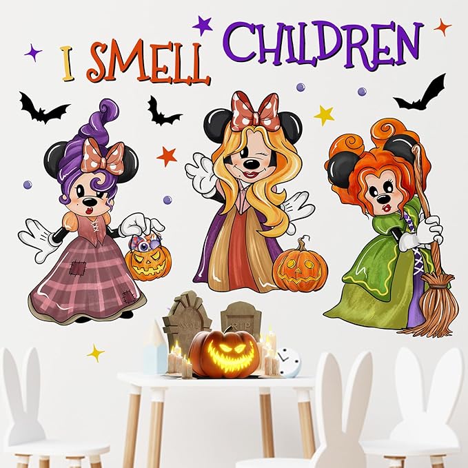 Mfault Halloween I Smell Children Wall Decals Stickers, Hocus Pocus Cartoon Mouse Sanderson Sisters Witches Decorations Bedroom Art, Jack O Lantern Pumpkin Bat Funny Holiday Home Kitchen Decor