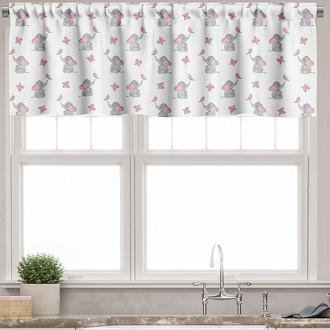 Ambesonne Animal Cartoon Valance & Tier Curtain 3 pcs Set, Playing Butterflies Design Pattern, Window Treatments for Kitchen Room Decor, 55" x 36", Grey Pink