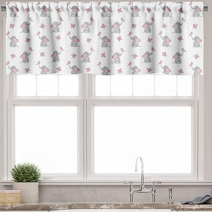 Ambesonne Animal Cartoon Valance & Tier Curtain 3 pcs Set, Playing Butterflies Design Pattern, Window Treatments for Kitchen Room Decor, 55" x 30", Grey Pink