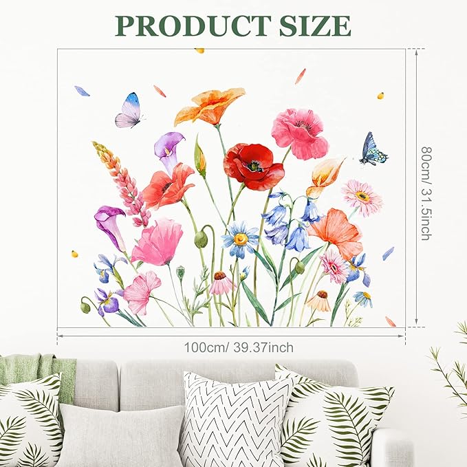 Zonon Flowers Wall Decals Vinyl Dragonflies Flowers Wall Stickers Removable Floral Wall Murals Peel and Stick Colorful Flower Wall Decor for Bedroom Living Room Nursery(Exquisite)