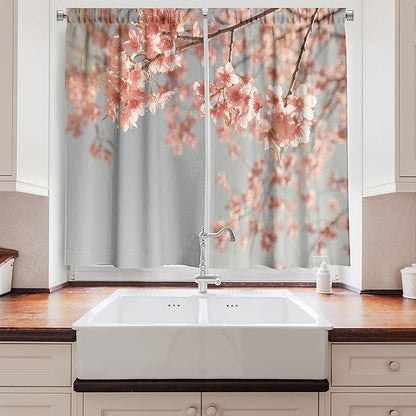 Ambesonne Peach Long Kitchen Curtains, Japanese Scenery Sakura Tree Cherry Blossom Nature Photography Coming of Spring, Two Panels Drapes with Rod Pocket Room Decor, 55" x 45", Burgundy Teal