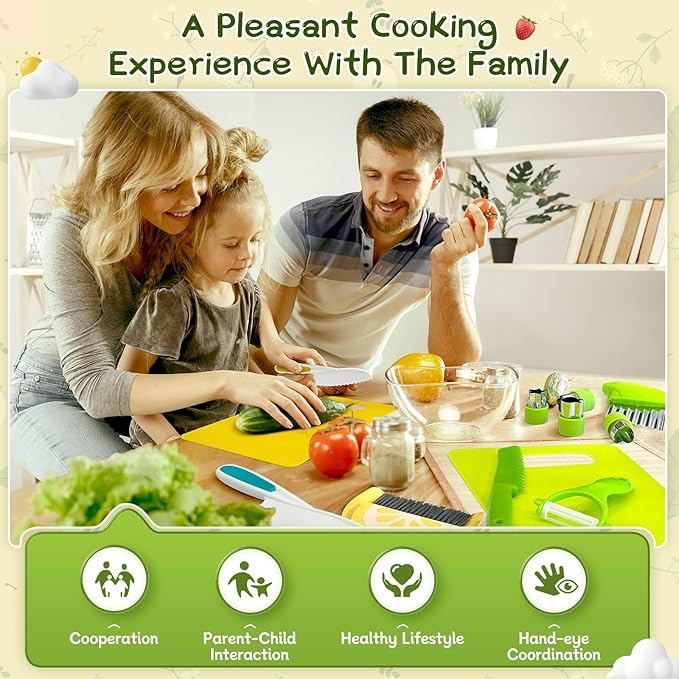 15 Pcs Montessori Kitchen Tools for Toddlers Kids Cooking Sets Safe Knife Set for Real Cooking Include Toddler Knives Cutting Boards Sandwich Cutters Peeler Dustpan Broom for Birthday