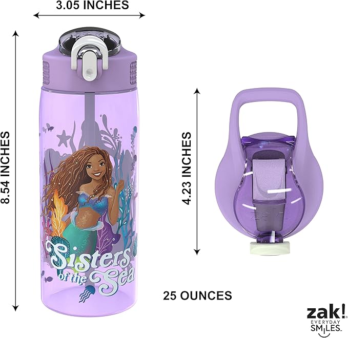 Zak Designs Disney The Little Mermaid 2023 Kids Water Bottle For School or Travel, 25oz Durable Plastic, with Pop-Up Antimicrobial Spout and Cover, Handle, and Leak-Proof (Ariel, Sisters of the Sea)