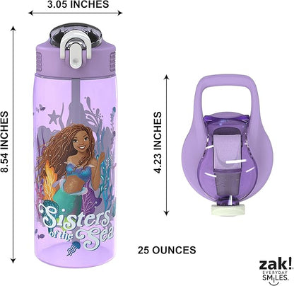 Zak Designs Disney The Little Mermaid 2023 Kids Water Bottle For School or Travel, 25oz Durable Plastic, with Pop-Up Antimicrobial Spout and Cover, Handle, and Leak-Proof (Ariel, Sisters of the Sea)