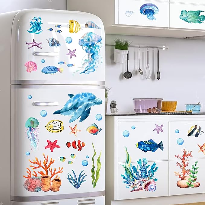 8 Sheets Underwater World Window Clings Ocean Theme Static Window Stickers Fridge Glass Stickers Party Decorations Add Joy to The Season and Home Decoration