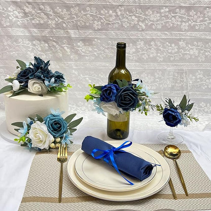 1Pcs Wine Bottle Flower Set, Dining Tables, Plates Decorations，Navy Blue Artificial Flowers Wine Cup for Wedding Ceremony Anniversary, Wedding Home Decor (Blue)