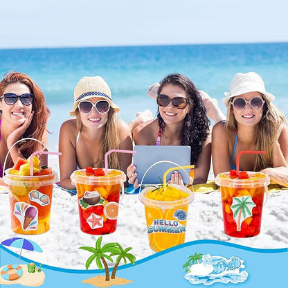 10 Pcs 1L/34oz Ice Cream Buckets with Lids and Handles Cocktail Rum Buckets Bacardi Buckets with 147 Stickers 20 Pcs Straw 10 Spork Drink Buckets with lids and Straws Clear Plastic Tub for Party