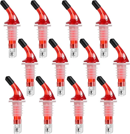 Automatic Measured Bottle Pourer - Quick Shot Spirit Measure Pourers with Dust Caps for Tequila Cocktail Home Bar Tools 1.5oz/45ml(Red No-Collar, 12 Pack)